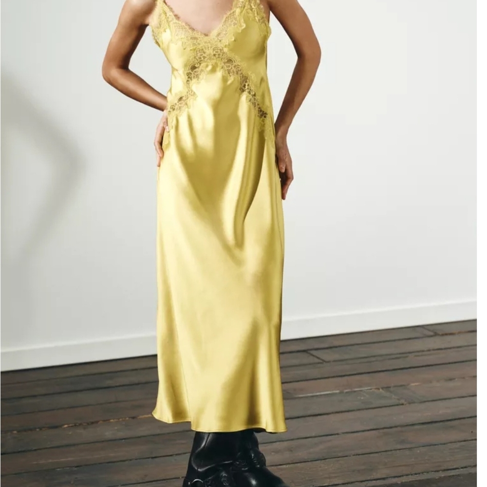 Zara Satin Lace-Trim Slip Dress in Yellow-Green